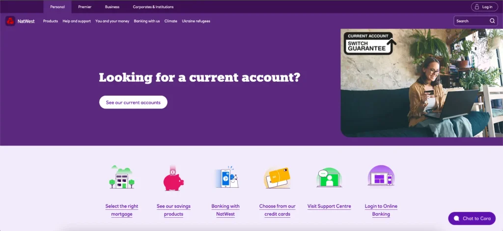 Website for NatWest, a UK bank.