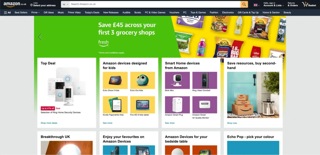 Website for Amazon, the largest e-commerce marketplace globally. 