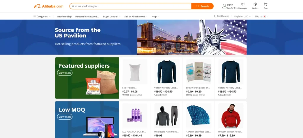 Website for US Alibaba, a Chinese e-commerce marketplace. 